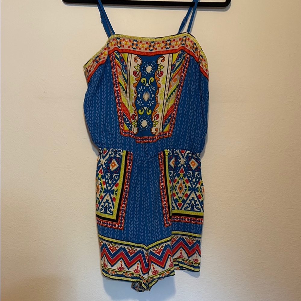 Source Unknown Blue and Yellow Patterned Romper